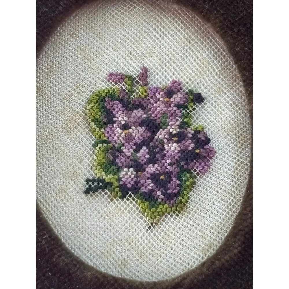 Miniature Oval Framed Needlepoint Vintage Velvet Frame Purple Cottagecore